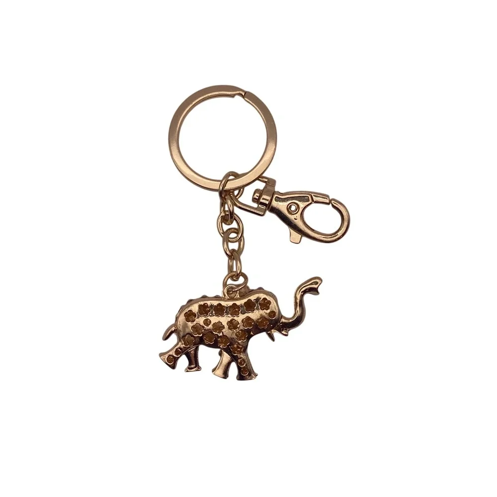 Gold Rhinestone Elephant Keychain Lucky Charm Bag Clip Accessory Clear Crystal